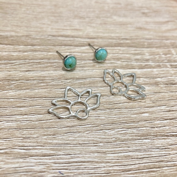 Silver Lotus Flower Green Stone Jacket Earring - Picture 4 of 5